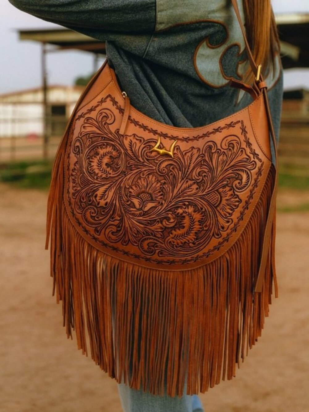 Western Lulella Hand tooled Leather Fringe Crossbody - Picture 5 of 8